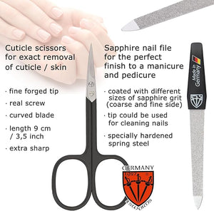 3 Swords Germany - Brand Quality 6 Piece Manicure Pedicure Grooming kit Set - Scissors Metal and Glass Nail File Clipper Tweezers with Synthetic Leather case - White/Black Tools