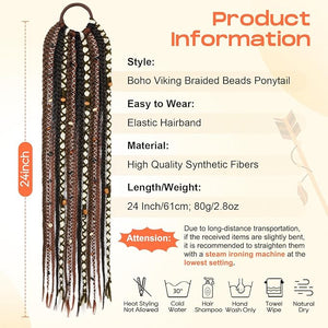 SEIKEA Boho Braided Ponytail Extension with Hair Tie 24 Long Viking Dreadlock Beads Ponytail Hand-braided Braids Hair Extensions Lightweight Natural Synthetic Hairpiece for Festival Cosplay Brown