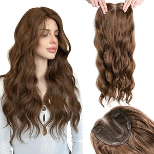 Hair Toppers for Women Thinning Hairs 24 Inch Long Layered Topper Curly Synthetic Wiglets Pieces Lace Hand-Tied Hairline Synthetic Heat Resistant Clip on Hair Topper for Women Copper Brown