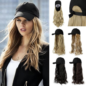 Baseball Hat Wig,Hat with Hair attached 24'' Adjustable Black Cap with Long Wavy Synthetic Hair Extensions for Women Girls(Ash Blonde)