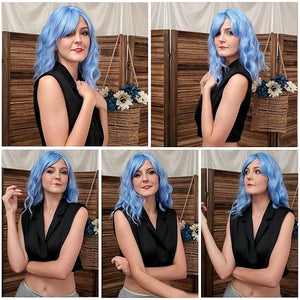Light Blue Wig with Bangs for Women Short Wavy Curly Bob Wig Pastel Blue Wigs 14 Inch Shoulder Length Colored Wig Party Cosplay Halloween Wigs