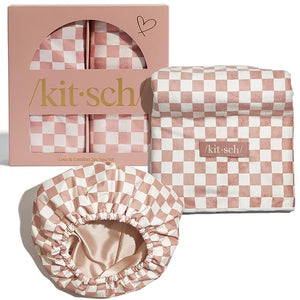Kitsch Love &amp Comfort 2PC Spa Set - Satin Lined Reusable Waterproof Shower Cap and XL Quick Dry Hair Towel Wrap for Women Microfiber Towel Flexi Shower Cap For All Hair Types - Terracotta Checke