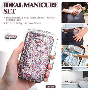 Geosar 12 Set Christmas 8 in 1 Manicure Set Christmas Stainless Steel Nail Clippers Kit Pedicure Care Tools with Leather Case Travel Grooming Kit Gift for Women Men(Glitter Candy Color)