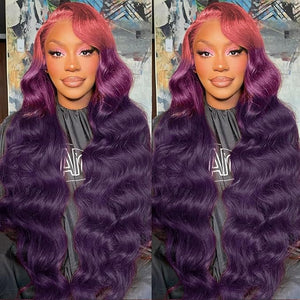 Dark Purple Ombre 13x4 HD Lace Front Wigs Human Hair Body Wave 3 Tone Pink to Purple Glueless Wigs Pink Root Rainbow Colored 180% Density 28 Inch