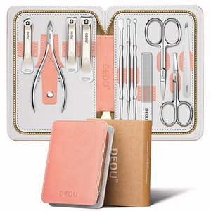 DEOU Professional Nail Set 11 in 1 stainless steel home care nail clippers men's luxury travel leather storage box women's beauty kit (Pink)