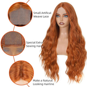 FAVE Long Ginger Wig - 28Inch Wavy Synthetic Wig for Women - Natural Curly Middle Part Orange for Daily Party Use