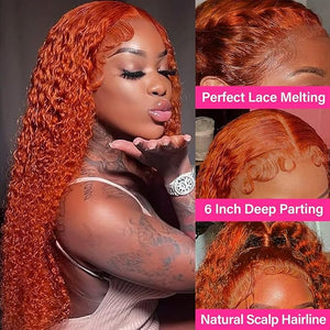 Juvid Orange Wig 13X6 200% Density HD Lace Front Curly Human Hair Wig Transparent Lace Frontal Glueless Pre Plucked Baby Hair Wet and Wavy 100% Unprocessed Virgin Curly Ginger Wig 24inch