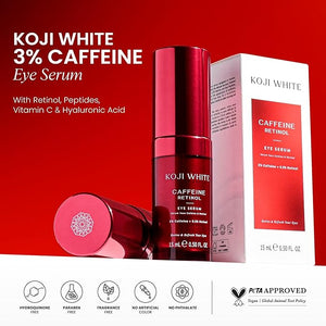 Koji White 3% Caffeine Eye Serum with 0.2% Retinol Peptides Hyaluronic Acid &amp Vitamin C for Puffiness &amp Dark Circles - Unscented Vegan Fragrance-Free 15 ML (0.50 Fl Oz)