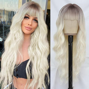 NAYOO Blonde Wigs with Bangs for Women Long Curly Wavy Hair Wigs Heat Resistant Synthetic Fiber Wigs for Daily Party Use 26 Inches (Platinum Blonde)