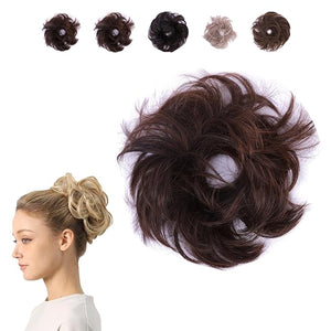 JUVABUN Small Messy Bun Hair Piece - Medium Brown| Curled Hair Bun Scrunchie Hair Buns Hair Piece| Everyday Wear Washable &amp Realistic| Synthetic Hair pieces for women Scrunchie- Medium Brown
