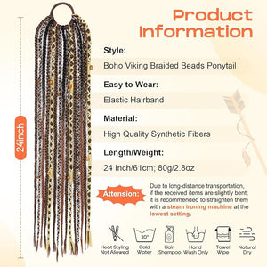 SEIKEA Boho Braided Ponytail Extension with Hair Tie 24 Long Viking Dreadlock Beads Ponytail Hand-braided Braids Hair Extensions Lightweight Natural Synthetic Hairpiece for Festival Cosplay