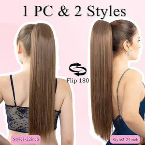 Ponytail Extension 24 Long Straight Claw Clip Ponytail Extension clip on ponytails hair clip Hair claw clip Fake Ponytail Hairpieces for Women ? Chestnut Brown