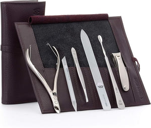 GERMANIKURE 6pc Manicure Set in Dark Purple Leather Case - FINOX Stainless Steel Tools Made in Germany Glass Nail Care Supplies Made in Czech Republic ? Professional Cuticle and Nail Care Kit