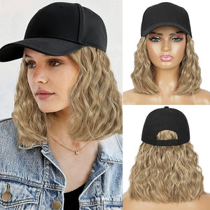 HANYUDIE Hat Wig for Women Wig Cap with Curly Hair Extensions Hat with Hair Wave Adjustable Baseball Cap Wigs