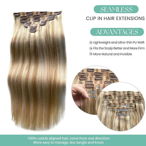 Seamless Clip in Hair Extensions Strawberry Blonde Balayage Highlights Clip in Hair Extensions Real Human Hair 7pcs 100G 14 Inch Clips Hair Extension Remy Human Hair for Women