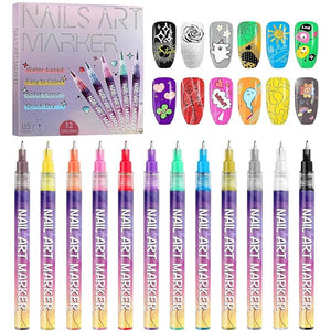 Kalolary 12 Color Nail Art Pens Set, Nail Art Markers Polish Pens Nail Point Graffiti Dotting Pen Drawing Painting Liner Brush for DIY Nail Art Beauty Adorn Manicure Tools