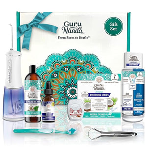 GuruNanda 7-Step Regimen 1.0 - Oil Pulling Toothbrush Tongue Scraper Floss Water Flosser Mouthwash Whitening Strips for Complete Oral Care (Pack of 8)