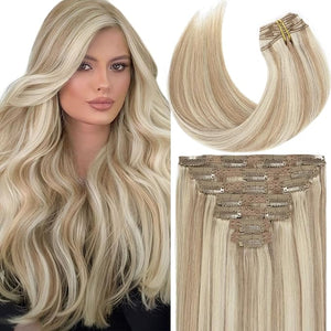 Loxxy 20Inch Hair Extensions Clip ins Natural Human Hair Clip in Extaensions Omber 18 Ash Blonde to 613 Highlights Platinum Blonde Lace Real Clip in Hair Extensions for Daily 140grams