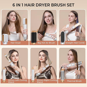 6 in ONE Blow Dryer Brush,Air Curling Iron Round Brush Blow Dryer 800W,Ionic Hair Dryer Brush for Women, Hot Air Brush Hair Styling Tools 100-120V