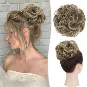 RUWISS Messy Bun Hair Piece Human Hair Messy Rose Bun Hair Buns Hair Piece for Women Scrunchies Updo Bun Extension Ponytail (Brown to Blond)