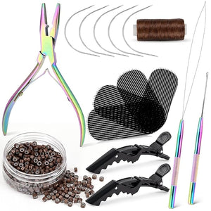 NEWISHTOOL Hair Extension Tool Kit - Silicone Micro Beads Stainless Steel Beads Plier Metal Bead Threader and Needle Pulling Hook for Beading Hair Extensions Girls Cosplay Party Hair Styling Tool