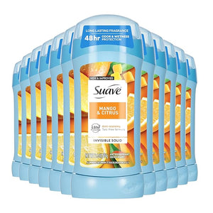 Suave Antiperspirant Deodorant For Women Invisible Underarm Deodorant 48hr Odor &amp Wetness Protection Mango Citrus Sensitive Skin Deodorant Solid Stick 2.6 oz (12 Bulk Pack)