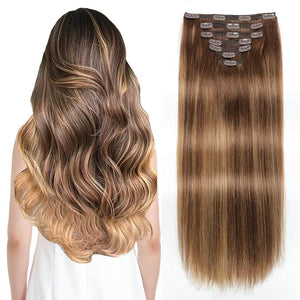 Sisily Clip in Hair Extensions Real Human Hair, 14 inch 130g, Chocolate Brown To Caramel Blonde, 100% Brazilian Remy Human Hair Clip in Extensions Soft Straight 7pcs Per Set with 16 Clips Double Weft