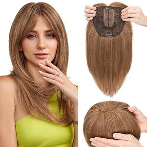 Hairro Hair Toppers with Bangs for Women 6x6 Base Add Volume Length with Invisible Clips In Hairpieces Synthetic Wiglets for Daily Use/Halloween/Cosplay 14 Inch Light Brown Mix Blonde