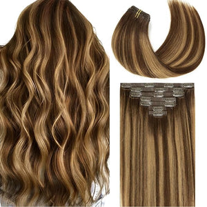 Loxxy Hair Extensions Real Human Hair Balayage Chocolate Brown to Caramel Blonde 14Inch 130G 7Pcs Seamless Human Hair Clip in Extensions Invisible Skin Weft Hightlight Clip Ins #R4-4/27