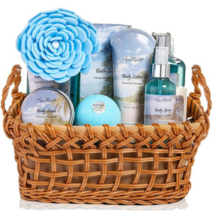 Spa Baskets For Women - Luxury Bath Set With Ocean &amp Coconut - Spa Kit Includes Wash Bubble Bath Lotion Bath Salts Body Scrub Body Spray Shower Puff Bathbombs Soap and Towel