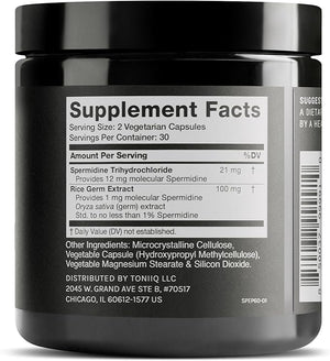 Toniiq 22mg Ultra Concentrated Spermidine Supplement -Spermidine Supplements for Men and Women - Rice Germ Extract and Trihydrochloride Complex Blend - 60 Vegetarian Capsules - 30 Servings