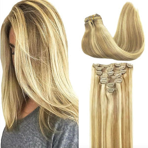 GOO GOO Clip in Hair Extensions Real Human Hair Remy Human Hair Extensions Clip ins for Women Natural Human Hair 16inch 160g 7Pcs #16/22 Light Blonde Highlighted Golden Blonde