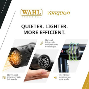 Wahl Professional Vanquish Hair Dryer Controlled Airflow SmoothTone Motor 4 Heat &amp 3 Speed Settings Auto-Clean Function Lightweight Slim Design