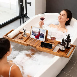 Expandable Teak Bathtub Tray - Luxury Wooden Bath Caddy &amp; Tub Shelf, Over-The-Tub Bath Table with Book &amp; Wine Glass Holder, Waterproof Bathroom Organizer for Spa Experience