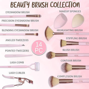 14pc Ultimate Beauty Brush Collection - Full Makeup Eyelash Curler Tweezer Sponge Kit Cosmetic Tools Professional Face Eye (ROSE GOLD)