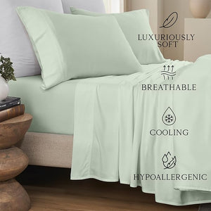 KARISSA MAE Cooling Bamboo Viscose King Size Sheet Set | 100% Organically Grown | 18¡± Deep Pocket | Silky Soft &amp Hypoallergenic | with Organizer Band &amp Elastic Corner Straps [Sea Glass]