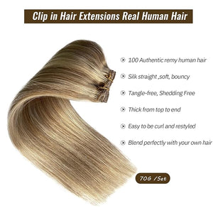 Hair Extensions Real Human Hair Clip ins Remy Human Hair Clip in Extensions 7 Pieces 70G Golden Blonde to Light Blonde Highlights Double Wefts Clip in Hair Extensions for Fine Hair Women 16 Inch