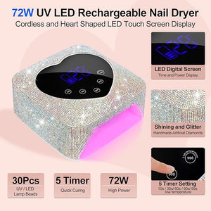UV LED Nail Lamp Dryers 72W Rechargeable Cordless UV Light for Gel NailsSparkling Diamond Fast Curing Gel Polish Lamp with 5 Timer &amp Nail KitAuto SensorManicure Art Drying Tools for Home Salon