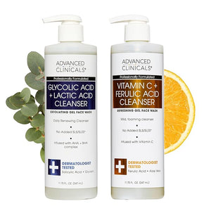 Advanced Clinicals Exfoliating Glycolic Acid &amp Salicylic Acid Face Wash + Hydrating Vitamin C Facial Cleanser 2pc AM/PM Skin Care Set For Women &amp Men To Gently Exfoliate &amp Cleanse Dirt &am