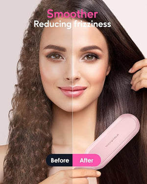 Wavytalk Hair Straightener Brush Sleek Sweep Ionic Straightening Brush with 6 Temperature Adjust Anti-Scald Ceramic Straightening Comb Fast Heating for Home Salon Dual Voltage Pink.