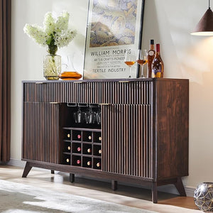OKD 60 Fluted Buffet Cabinet with Storage - 3 Drawers and 2 Doors Mordern Wine &amp Coffee Bar Cabinet with Wine and Glass Racks Sideboard with Adjustable Shelves for Kitchen Dining RoomWalnut