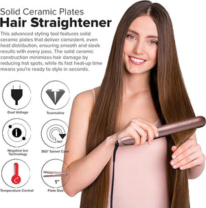 JOYA MIA Diva 1 Ceramic Hair Straightener - Portable Lightweight &amp Compact Flat Iron with Rubberized Coating &amp Automatic Shut-Off Travel-Friendly for All Hair Types - Heats Up to 450F Ros