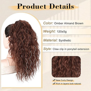 Stamped Glorious Ponytail Extension 18 Curly Wavy Pony Tail Claw Multi Layered Clip on Ponytail Extension Fluffy Natural Looking Synthetic Hair Piece for Women(Omber Almand Brown)