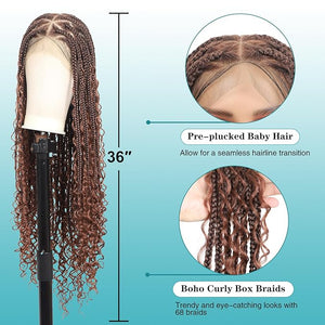 Kalyss HD Full Lace Triangle Knotless Boho Braided Wigs for Women 360 Lace Front Box Braided Wigs with Baby Hair Brown Premium Synthetic Knotless Braid Wig 36