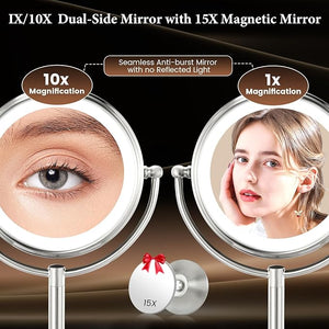 Professional 8.5 Large Lighted Makeup Mirror with Brighter Lights 1X/10X True HD Magnifying Mirror with 3 Color Dimmable Lights 90 Shadowless LEDs 360¡ÆSwivel Seamless Vanity Mirror Pearl Nickel