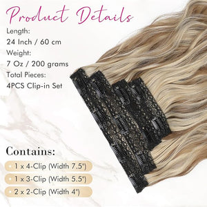REECHO Clip in Hair Extensions 4PCS Hair Extensions 24 Thick Long Beach Waves hair extensions HE003 Invisible Lace Weft Natural Soft Hairpieces for Women (Dark Ash Brown with Highlights)