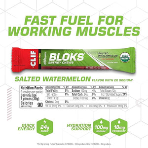 CLIF BLOKS - Salted Watermelon Flavor with 2X Sodium - Energy Chews - Non-GMO - Plant Based - Fast Fuel for Cycling and Running - Quick Carbohydrates and Electrolytes - 2.12 oz. (18 Count)