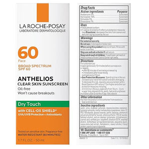 La Roche-Posay Anthelios Clear Skin Sunscreen Dry Touch SPF 60 Oil Free Sunscreen For Face Oil Absorbing Broad Spectrum SPF + Antioxidants Non-Greasy Oxybenzone Free Travel Size