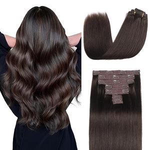 Sisily Clip in Hair Extensions Real Human Hair, Premium Human Hair Clip in Extensions Dark Brown, Soft Straight Hair Extensions Real Human Hair Clip ins 7PCS Double Weft£¨18 Inch #2£©
