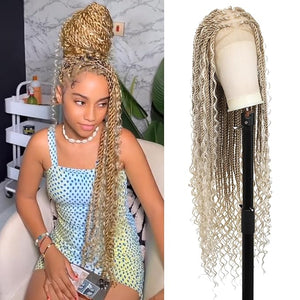 Kalyss HD Full Lace Boho Braided Wigs for Women 360 Lace Front Twist Braided Wigs with Baby Hair Blonde Premium Synthetic Knotless Braid Wig 36